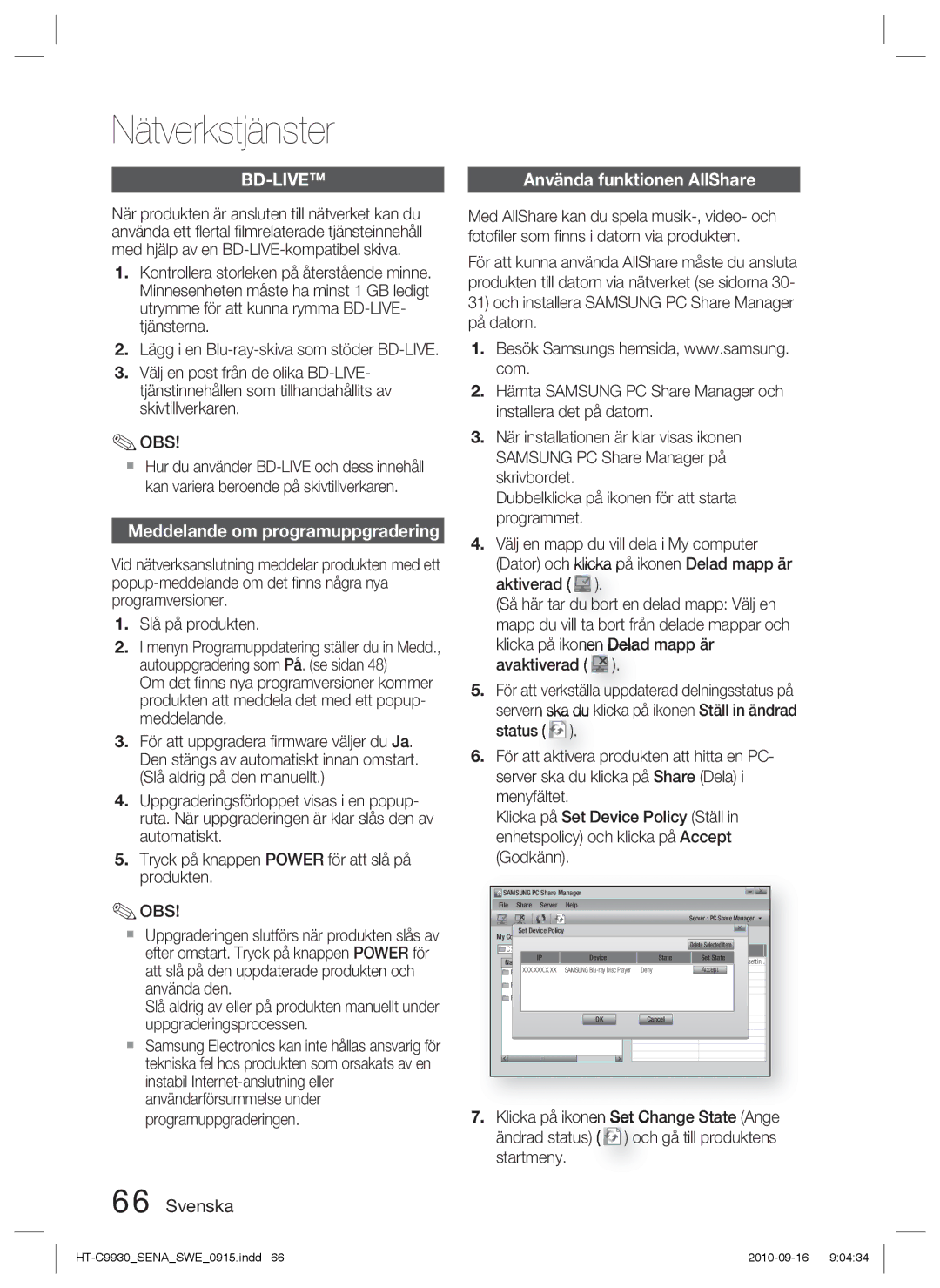 Samsung HT-C9930/XEE manual Bd-Live, Meddelande om programuppgradering 