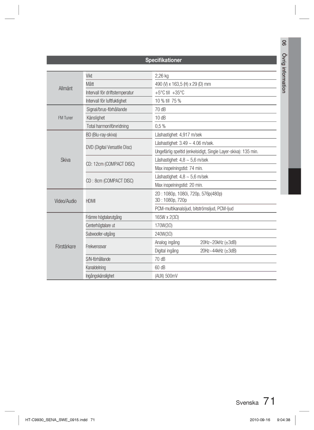 Samsung HT-C9930/XEE manual Speciﬁkationer 