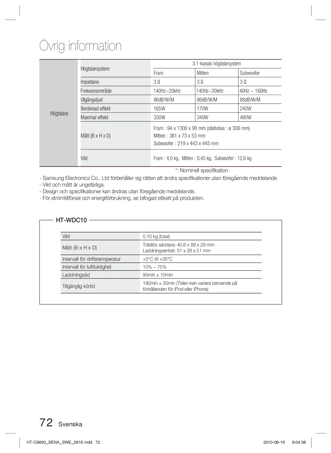 Samsung HT-C9930/XEE manual HT-WDC10, Högtalare Högtalarsystem, Fram Mitten Subwoofer Impedans Frekvensområde 