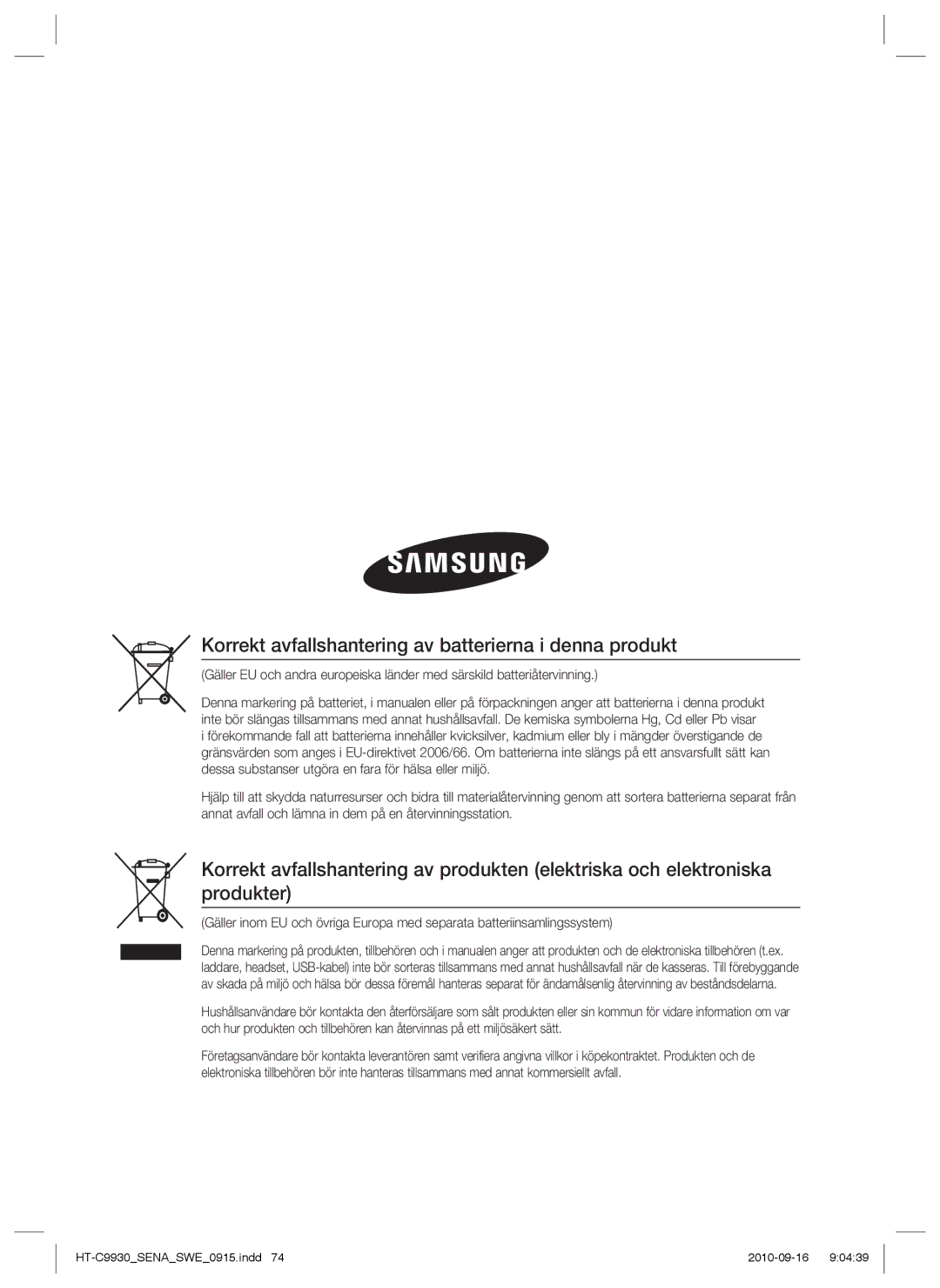 Samsung HT-C9930/XEE manual Korrekt avfallshantering av batterierna i denna produkt 