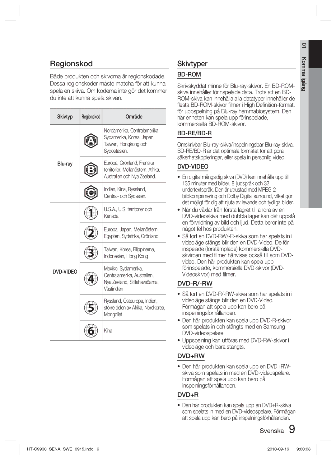 Samsung HT-C9930/XEE manual Regionskod, Skivtyper 