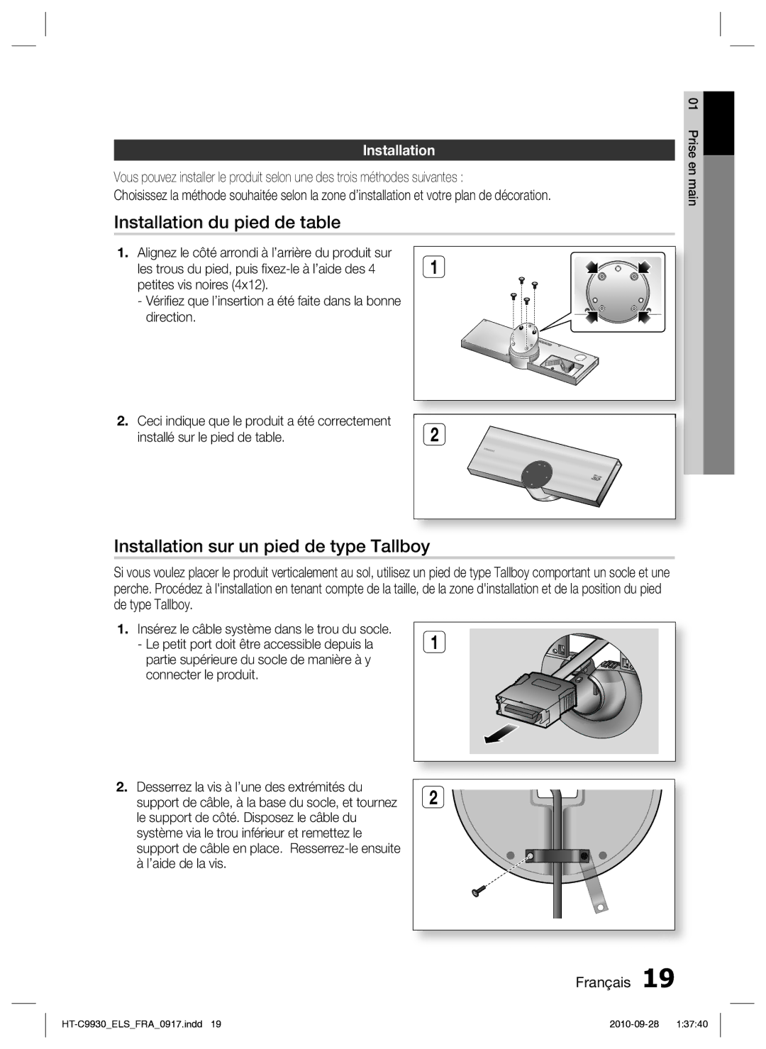 Samsung HT-C9930/XEF manual Installation du pied de table, Installation sur un pied de type Tallboy 