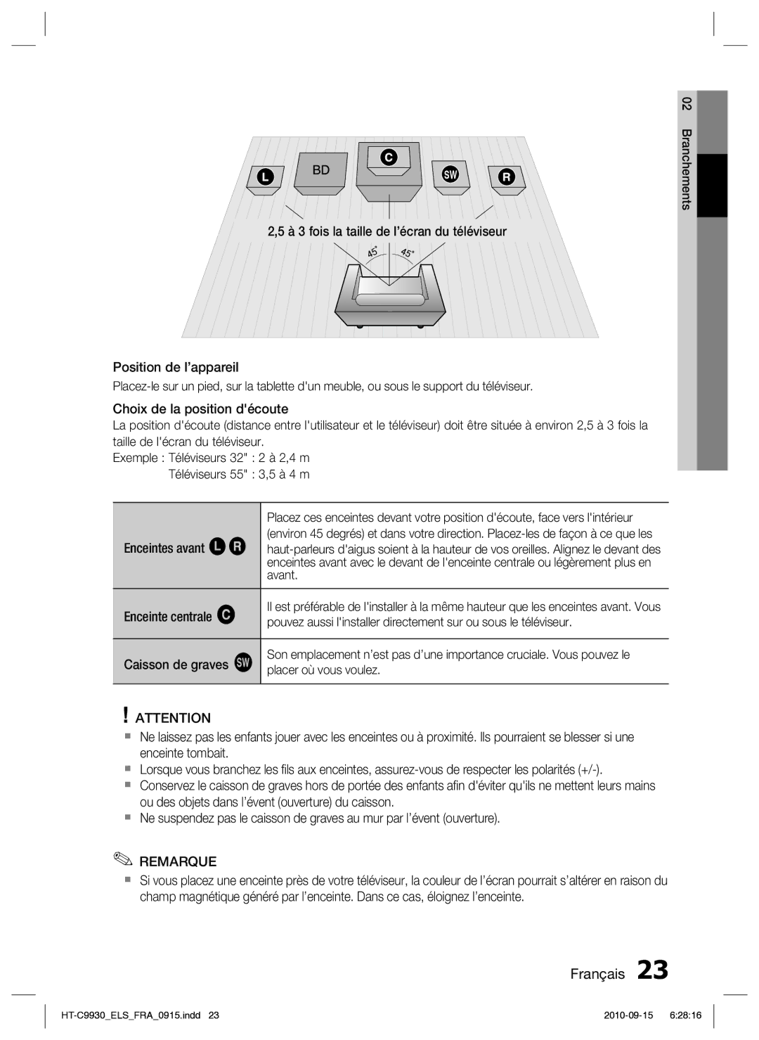 Samsung HT-C9930/XEF manual Enceintes avant ei, Avant, Enceinte centrale f, Caisson de graves g, Placer où vous voulez 