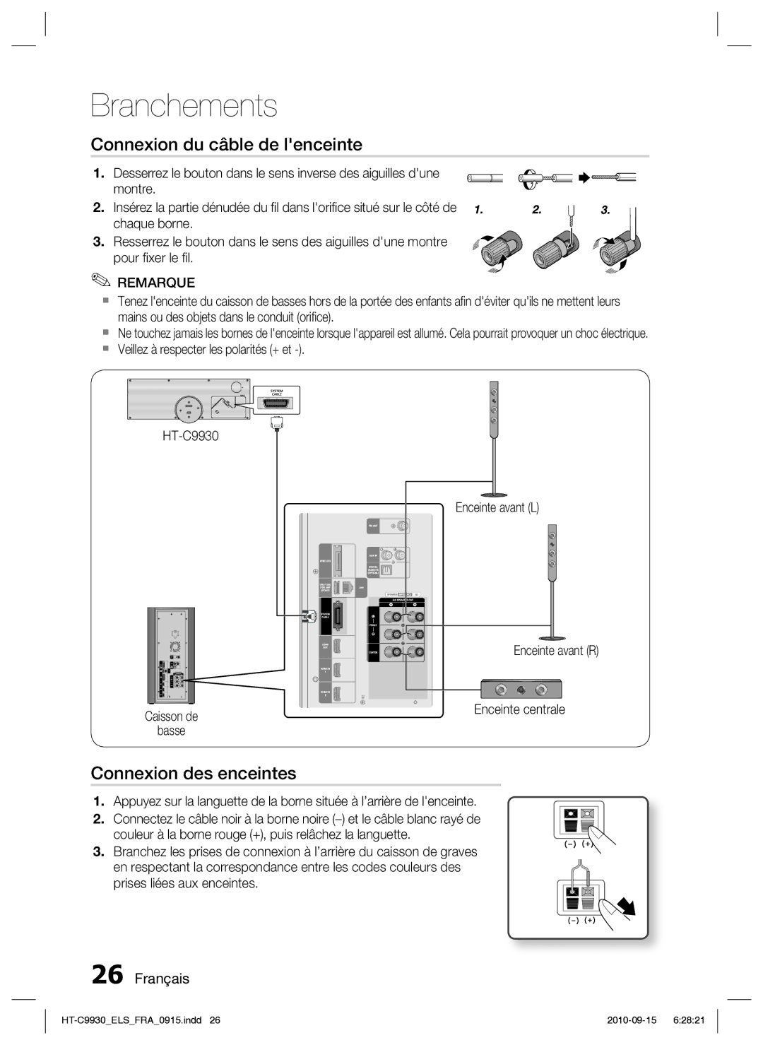 Samsung HT-C9930/XEF manual Connexion du câble de lenceinte, Connexion des enceintes 