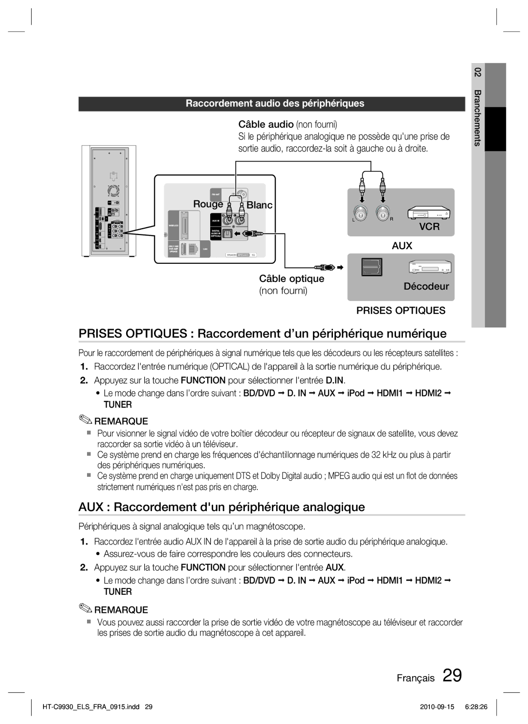 Samsung HT-C9930/XEF manual Prises Optiques Raccordement d’un périphérique numérique, Raccordement audio des périphériques 