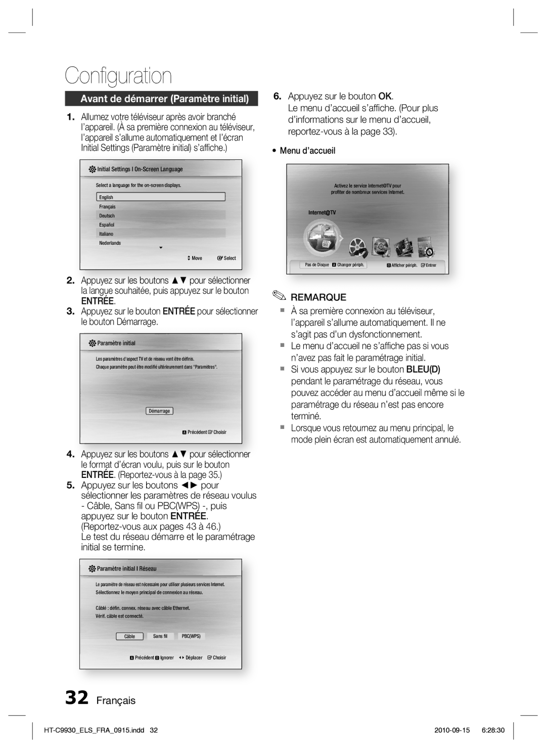 Samsung HT-C9930/XEF Conﬁguration, Avant de démarrer Paramètre initial, Entrée, Appuyez sur le bouton OK, Menu d’accueil 