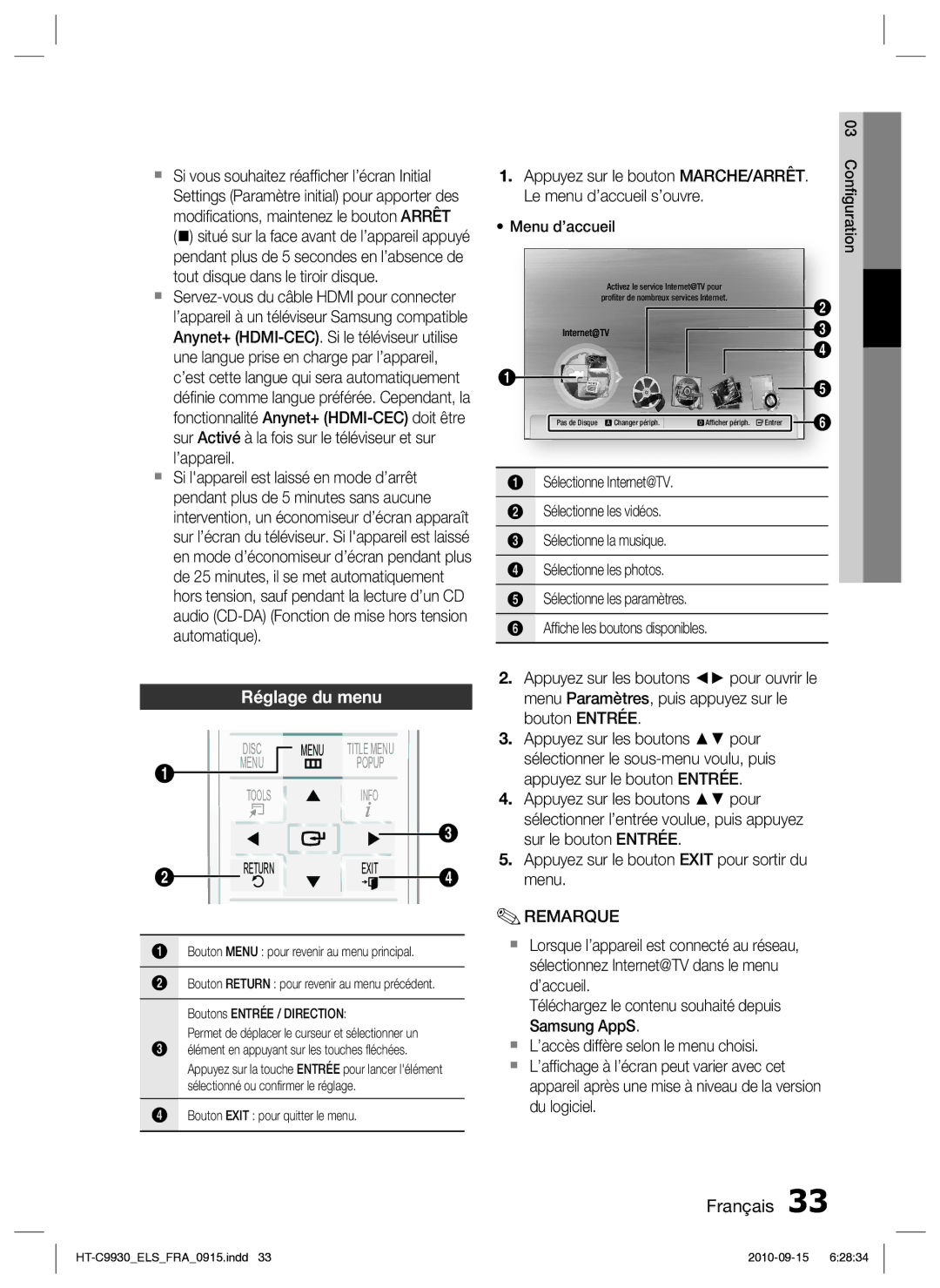 Samsung HT-C9930/XEF manual Réglage du menu, Bouton Menu pour revenir au menu principal, Bouton Exit pour quitter le menu 