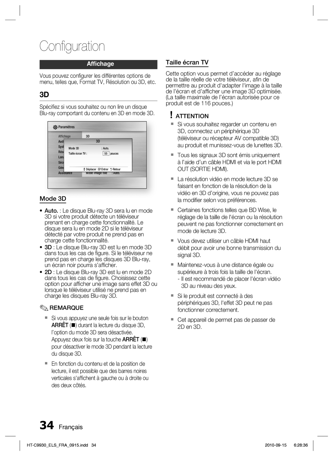 Samsung HT-C9930/XEF manual Afﬁchage, Mode 3D, Français Taille écran TV 