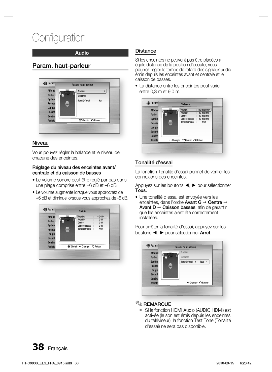 Samsung HT-C9930/XEF manual Param. haut-parleur, Audio, Niveau, Distance, Tonalité dessai 