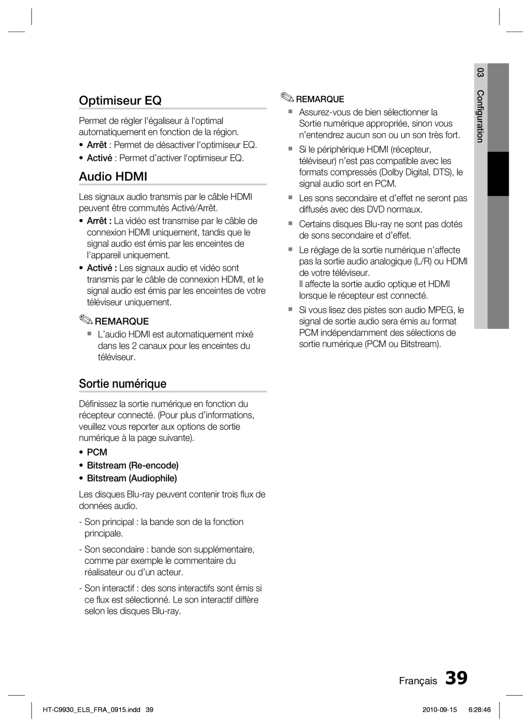 Samsung HT-C9930/XEF manual Optimiseur EQ, Audio Hdmi, Sortie numérique 