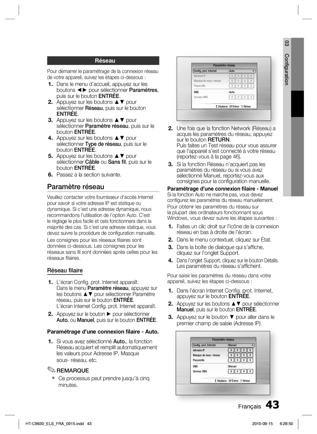 Samsung HT-C9930/XEF manual Paramètre réseau, Réseau ﬁlaire 