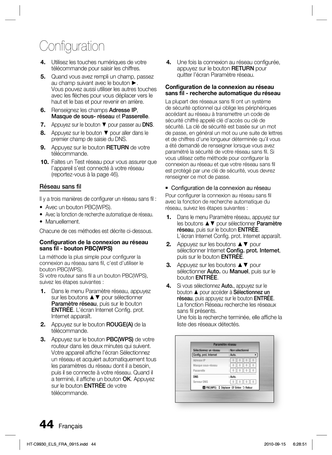 Samsung HT-C9930/XEF manual Réseau sans ﬁl, Avec un bouton Pbcwps, Manuellement 