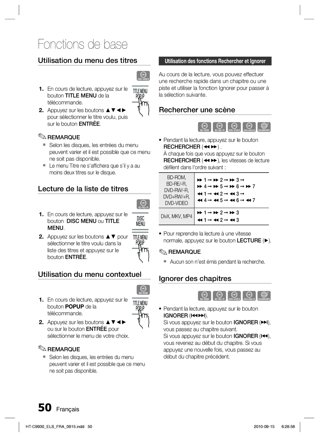 Samsung HT-C9930/XEF manual Utilisation du menu des titres, Lecture de la liste de titres, Rechercher une scène 