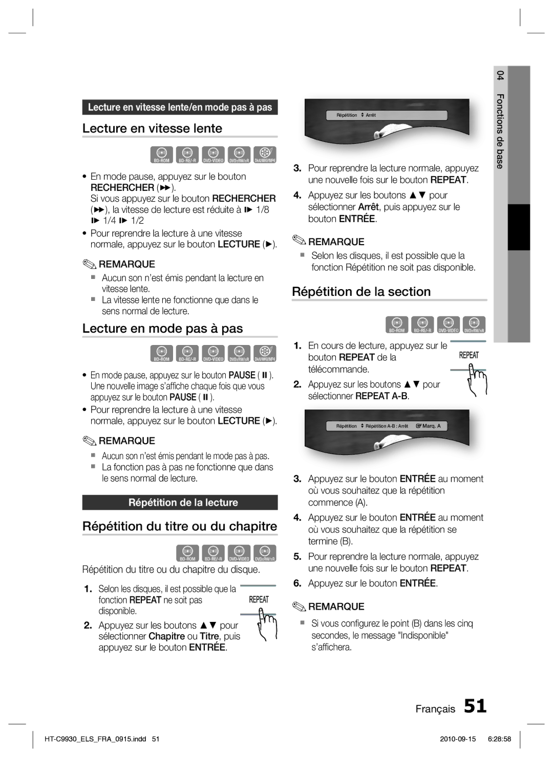 Samsung HT-C9930/XEF manual Lecture en vitesse lente, Lecture en mode pas à pas, Répétition du titre ou du chapitre 