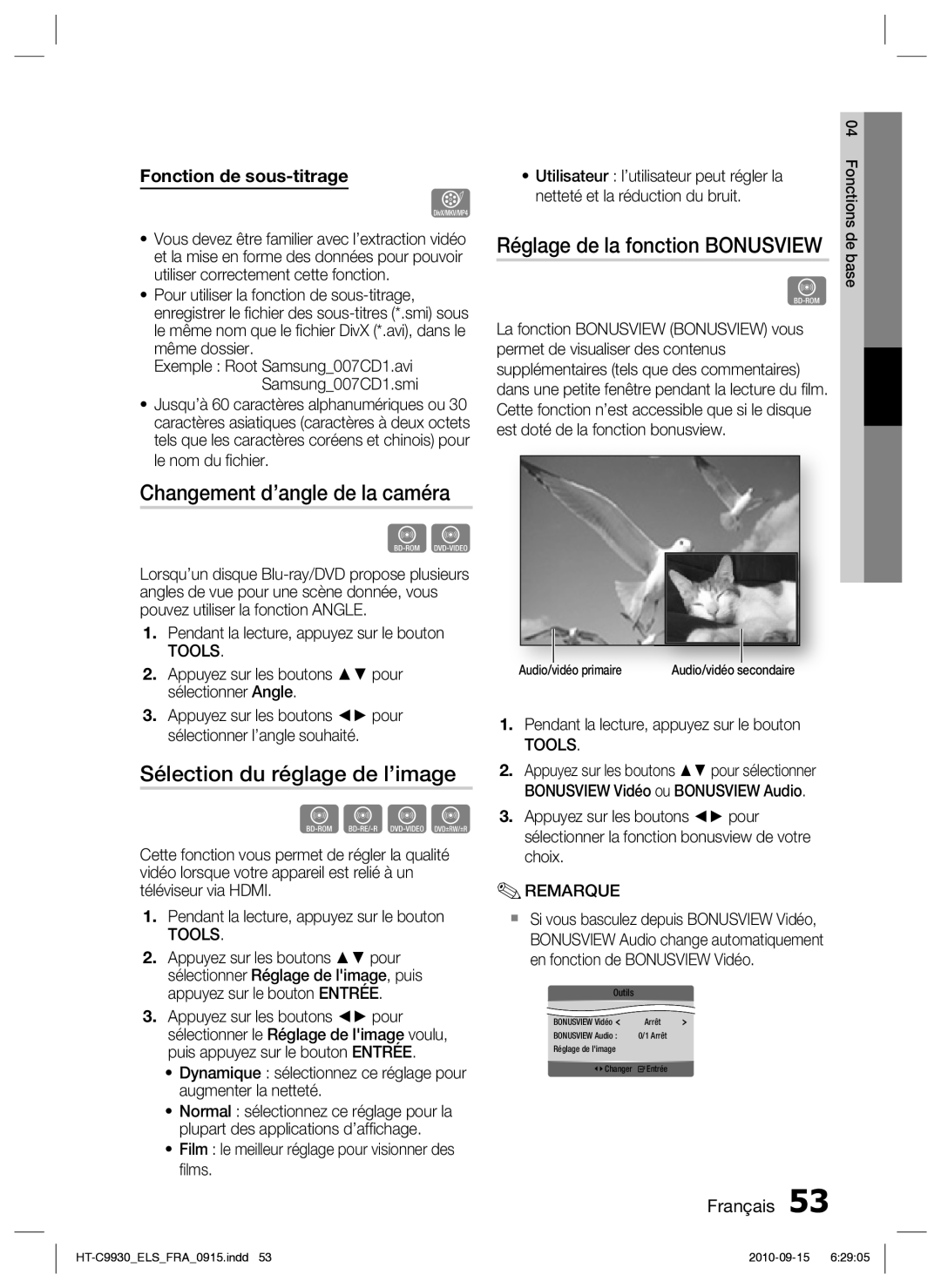 Samsung HT-C9930/XEF Changement d’angle de la caméra, Sélection du réglage de l’image, Réglage de la fonction Bonusview 