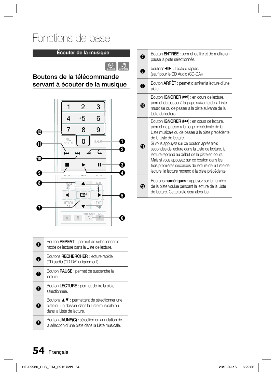 Samsung HT-C9930/XEF manual Boutons de la télécommande servant à écouter de la musique, Écouter de la musique 