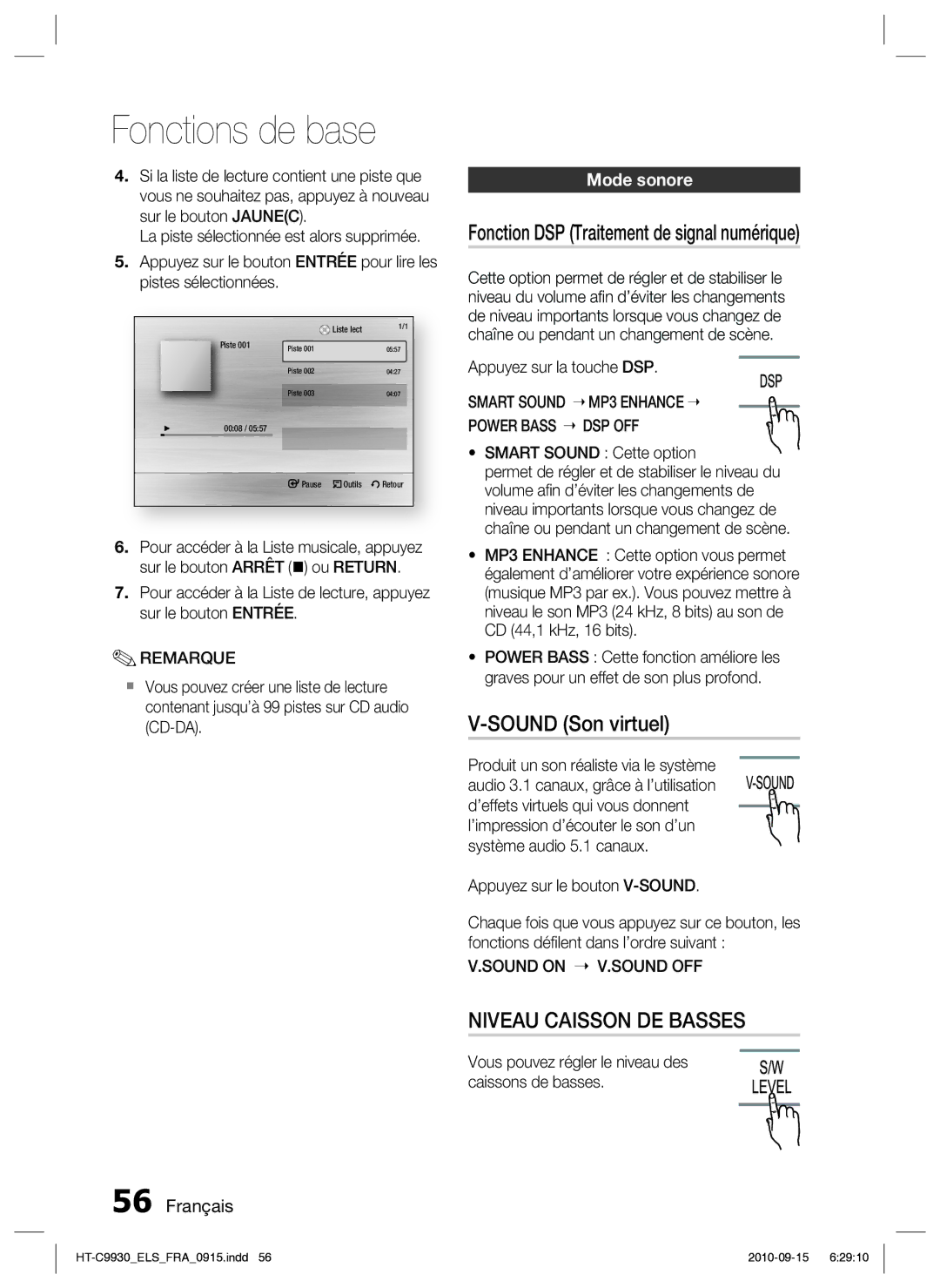 Samsung HT-C9930/XEF manual Fonction DSP Traitement de signal numérique, Sound Son virtuel, Mode sonore 