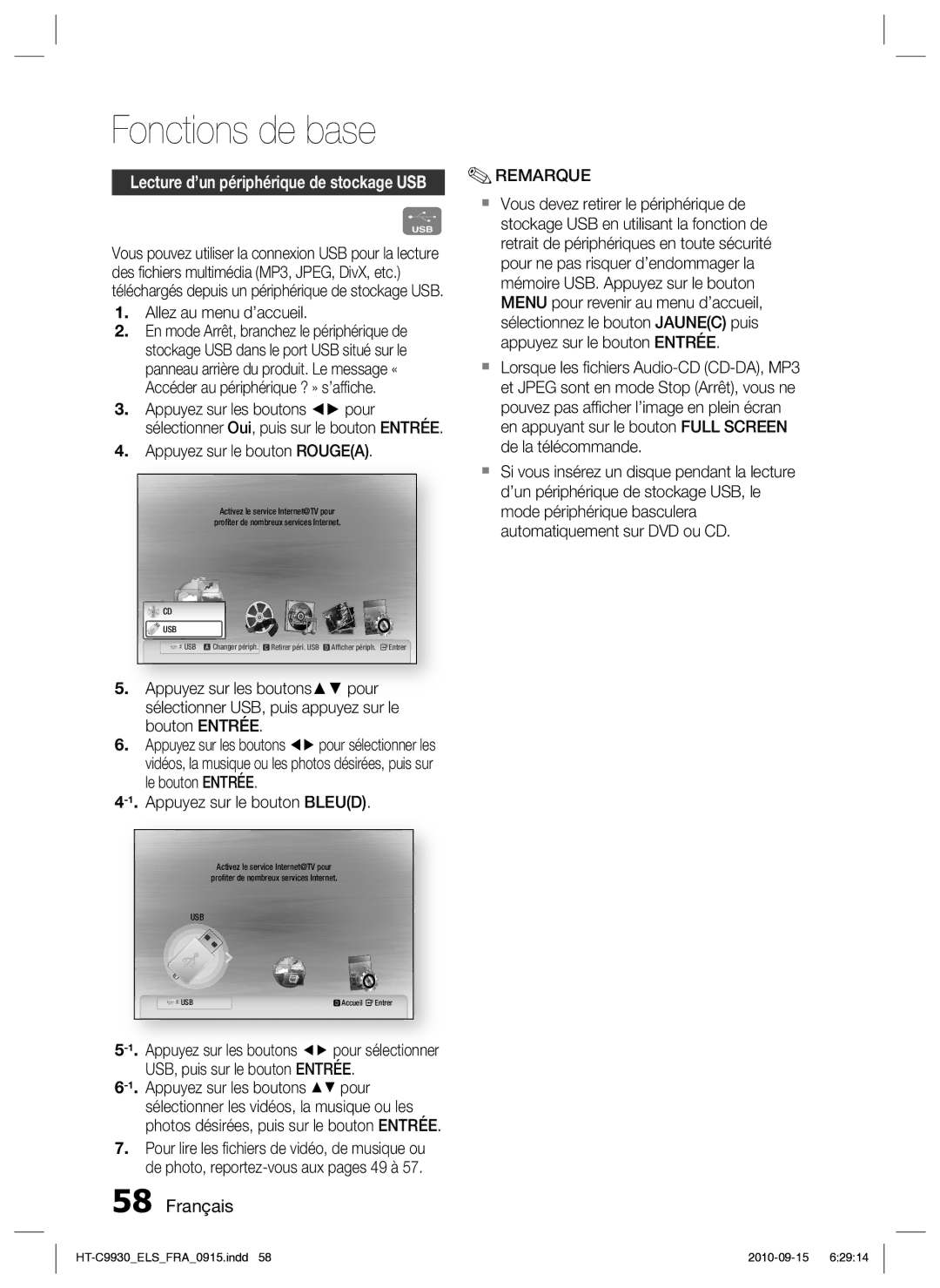 Samsung HT-C9930/XEF manual Allez au menu d’accueil, Appuyez sur le bouton Rougea, Appuyez sur le bouton Bleud 