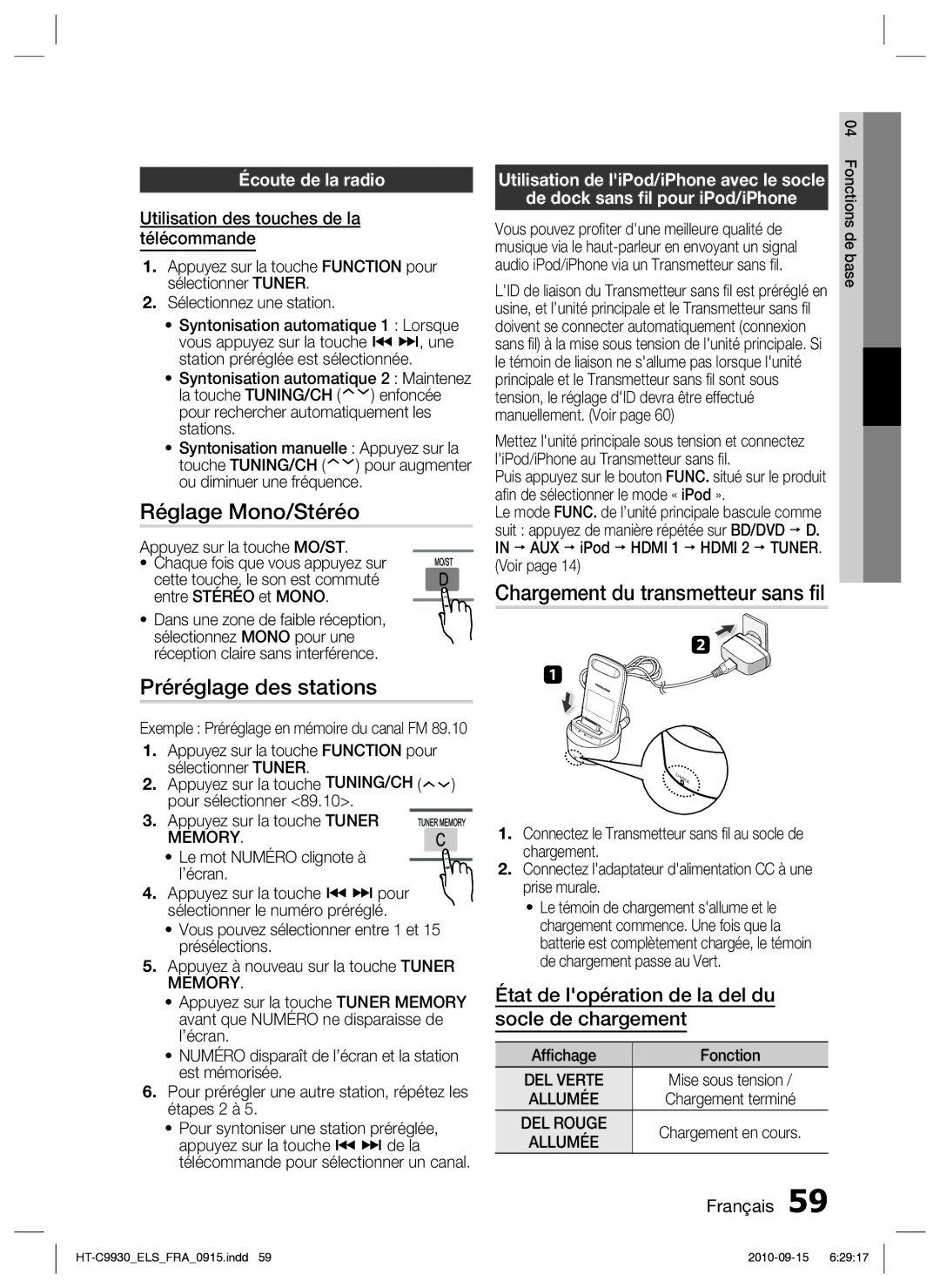 Samsung HT-C9930/XEF manual Réglage Mono/Stéréo, Préréglage des stations, Chargement du transmetteur sans ﬁl 