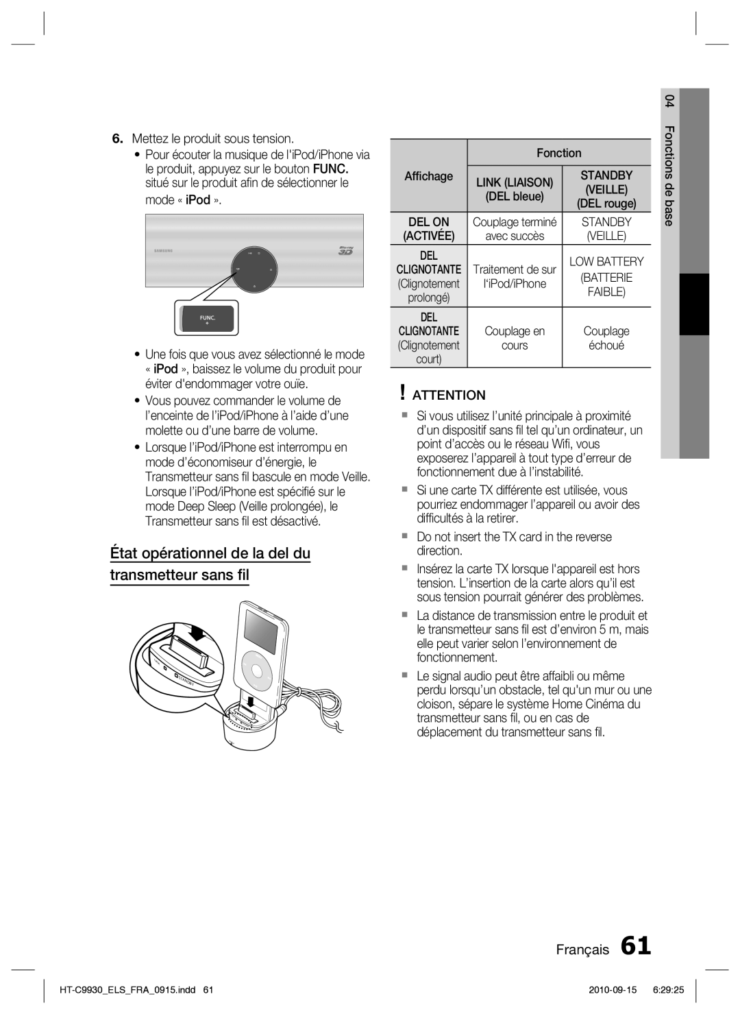 Samsung HT-C9930/XEF État opérationnel de la del du transmetteur sans ﬁl, Mettez le produit sous tension, Mode « iPod » 