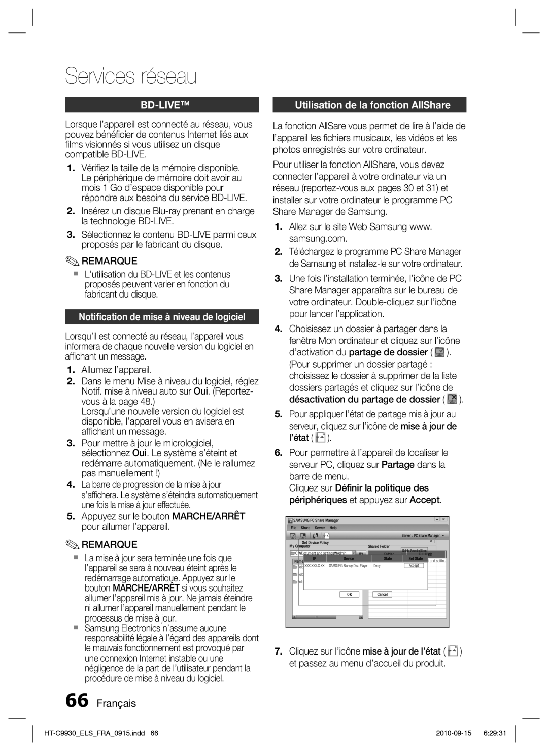 Samsung HT-C9930/XEF manual Bd-Live, Notiﬁcation de mise à niveau de logiciel 