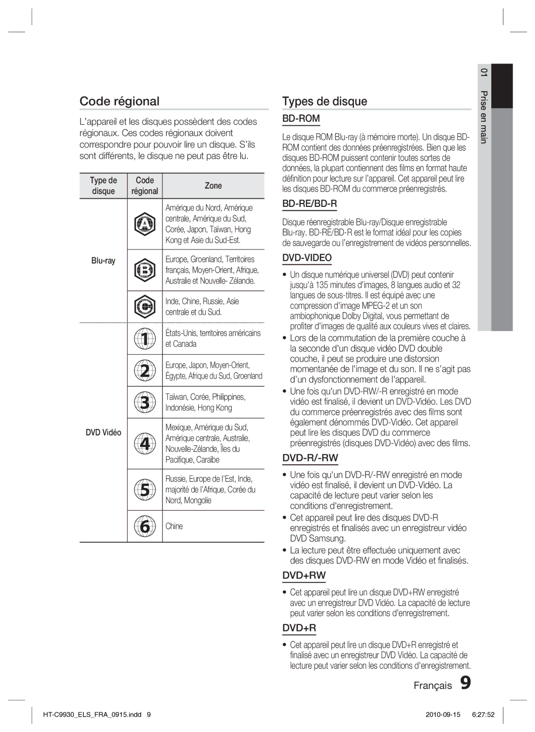 Samsung HT-C9930/XEF manual Code régional, Types de disque 