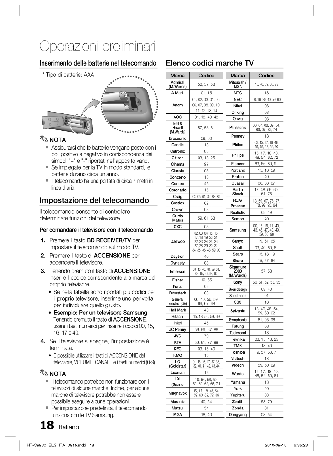 Samsung HT-C9930/XEF Elenco codici marche TV, Impostazione del telecomando, Inserimento delle batterie nel telecomando 