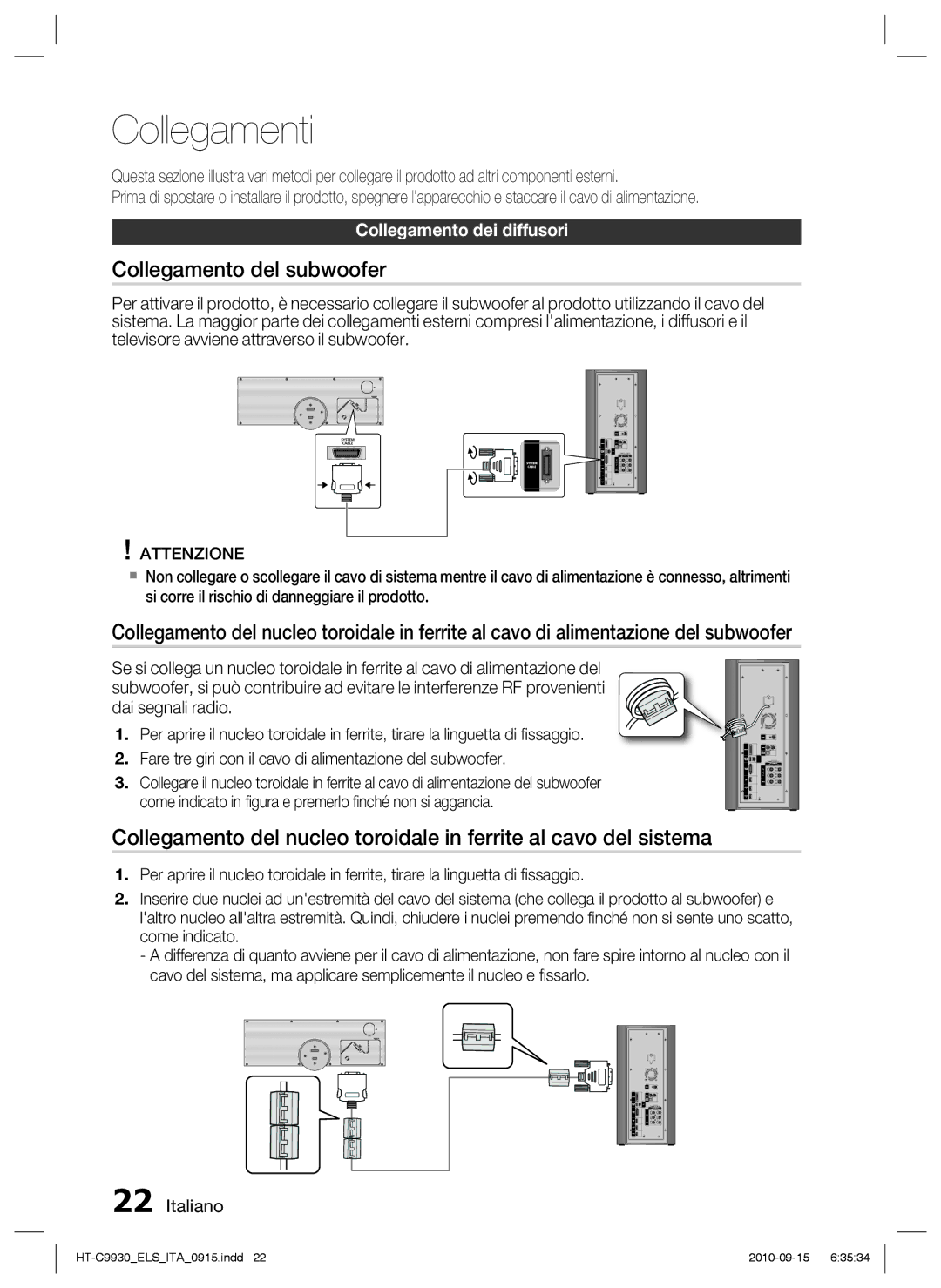 Samsung HT-C9930/XEF manual Collegamenti, Collegamento del subwoofer, Collegamento dei diffusori 