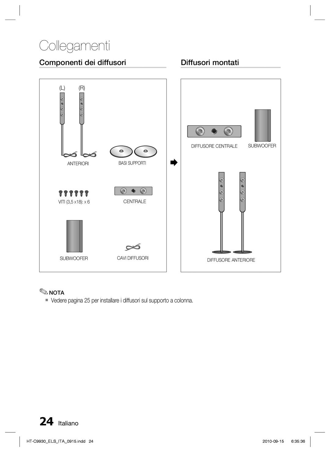 Samsung HT-C9930/XEF manual Componenti dei diffusori, Diffusori montati, Viti 3,5 X18 X 