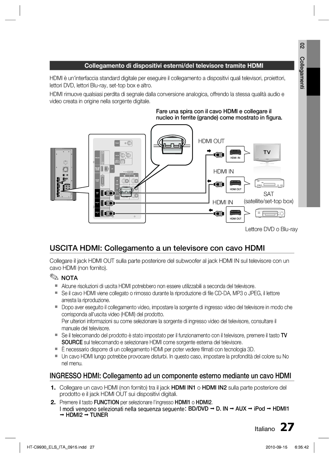 Samsung HT-C9930/XEF Uscita Hdmi Collegamento a un televisore con cavo Hdmi, Hdmi OUT, HDMI2 Tuner, Satellite/set-top box 