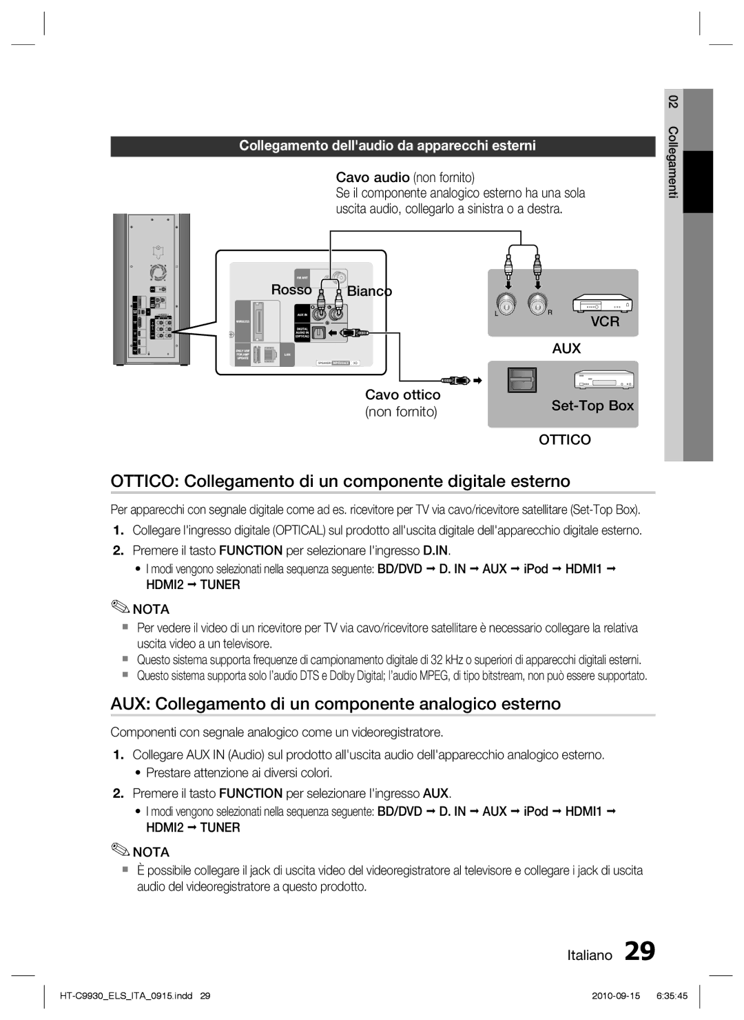 Samsung HT-C9930/XEF Ottico Collegamento di un componente digitale esterno, Collegamento dellaudio da apparecchi esterni 