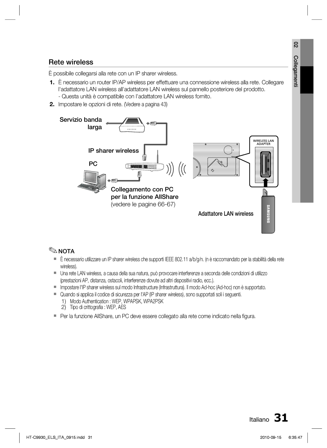 Samsung HT-C9930/XEF manual Rete wireless, Possibile collegarsi alla rete con un IP sharer wireless 