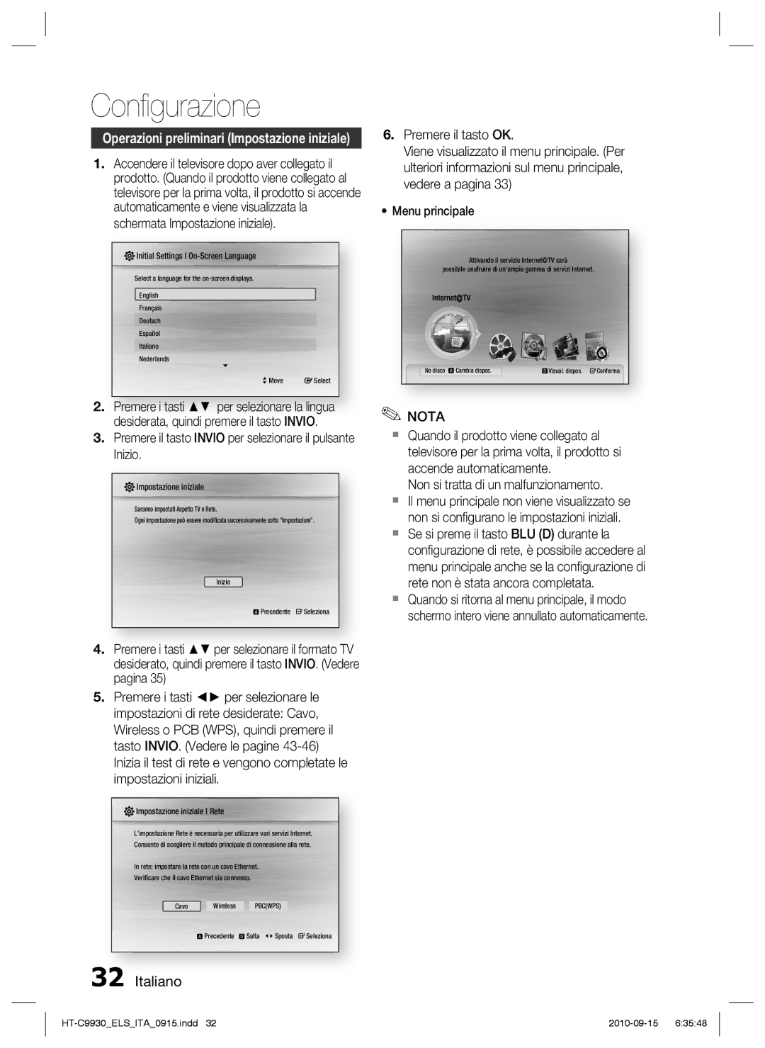 Samsung HT-C9930/XEF manual Conﬁgurazione, Premere il tasto Invio per selezionare il pulsante Inizio 