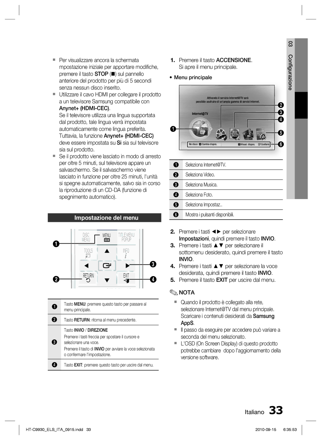 Samsung HT-C9930/XEF manual Impostazione del menu, Invio, Premere il tasto Exit per uscire dal menu 