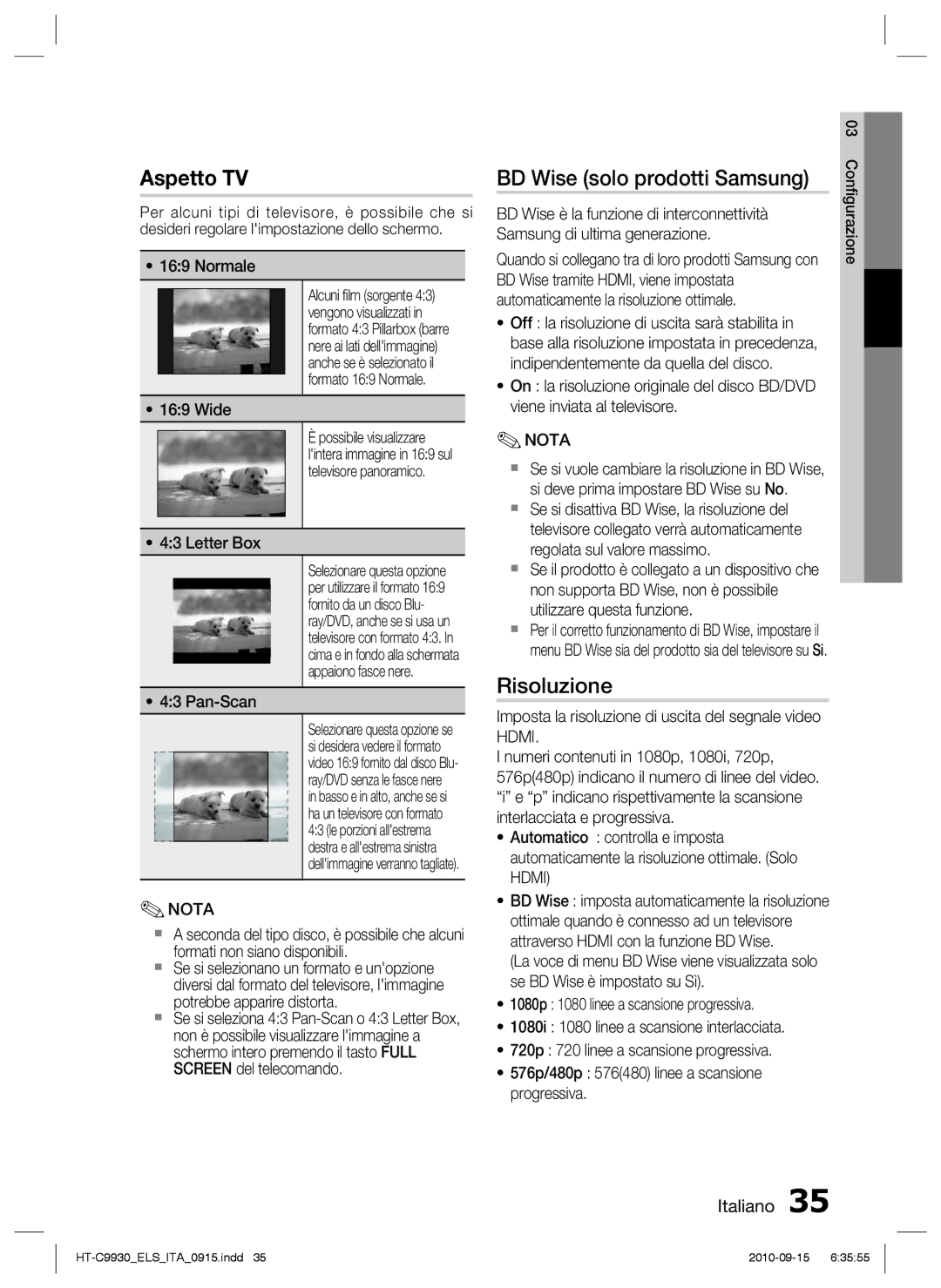 Samsung HT-C9930/XEF manual BD Wise solo prodotti Samsung, Risoluzione, Wide, Letter Box, Pan-Scan 