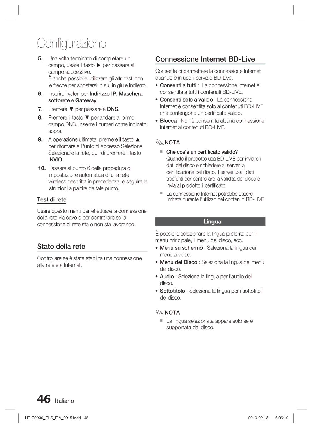 Samsung HT-C9930/XEF manual Stato della rete, Connessione Internet BD-Live, Test di rete, Lingua 