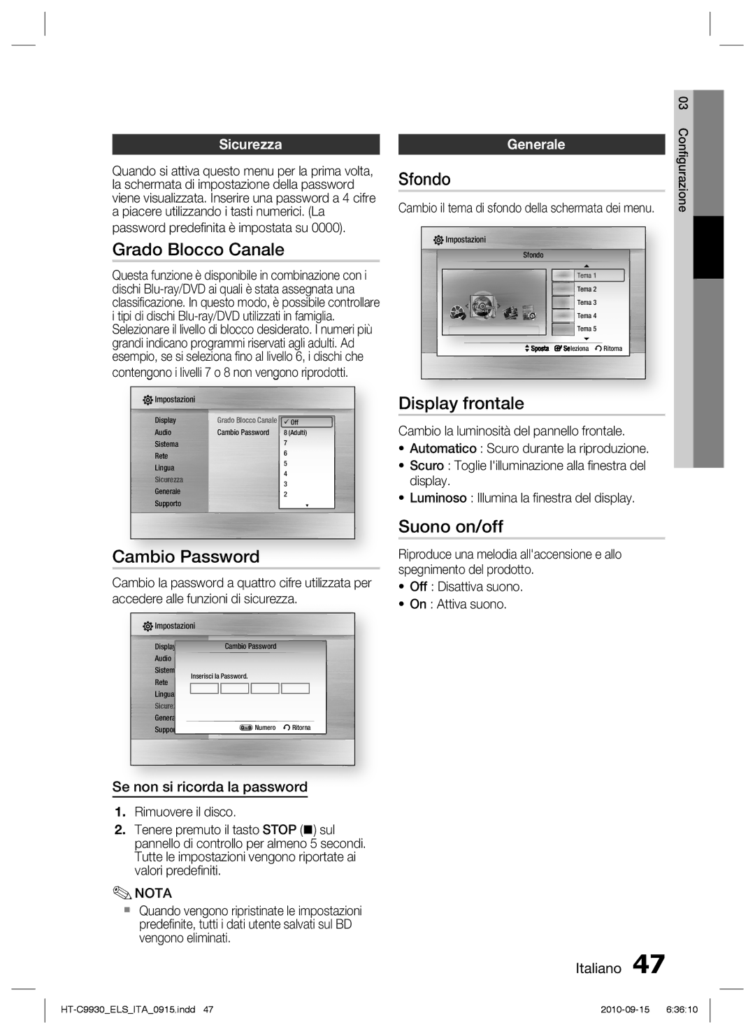 Samsung HT-C9930/XEF manual Grado Blocco Canale, Cambio Password, Sfondo, Display frontale, Suono on/off 