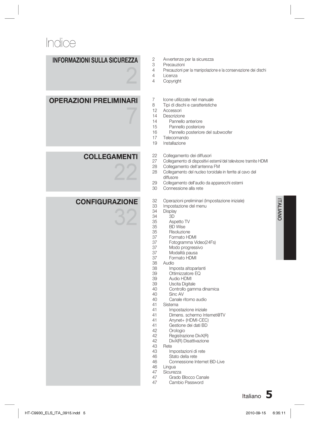 Samsung HT-C9930/XEF manual Indice, Informazioni Sulla Sicurezza 