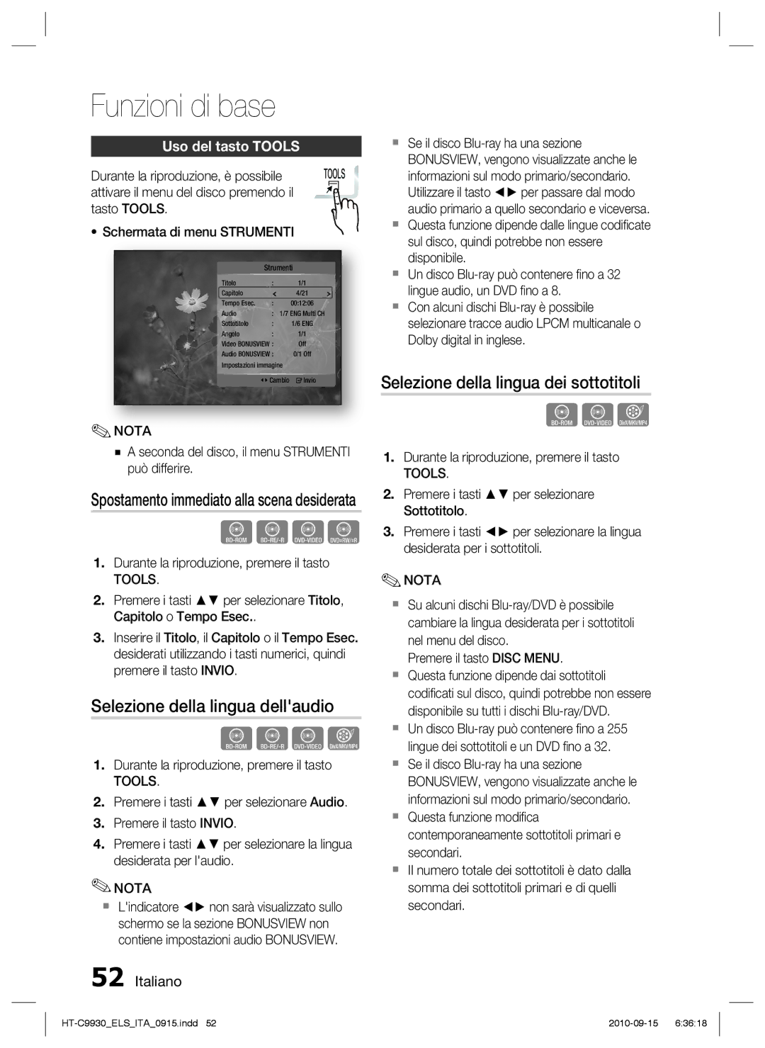 Samsung HT-C9930/XEF manual Selezione della lingua dellaudio, Selezione della lingua dei sottotitoli, Uso del tasto Tools 