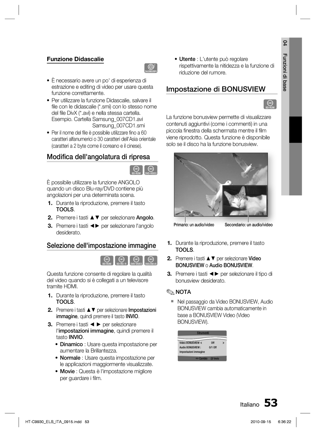 Samsung HT-C9930/XEF manual Impostazione di Bonusview, Modiﬁca dellangolatura di ripresa 