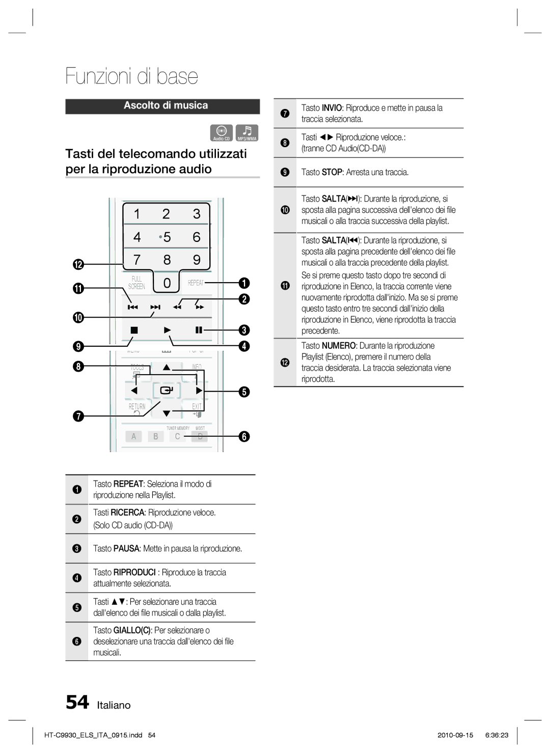 Samsung HT-C9930/XEF manual Tasti del telecomando utilizzati per la riproduzione audio, Ascolto di musica 