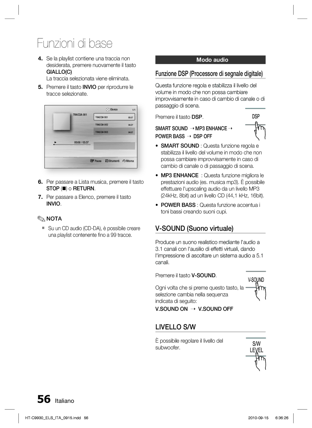 Samsung HT-C9930/XEF manual Funzione DSP Processore di segnale digitale, Sound Suono virtuale, Modo audio 