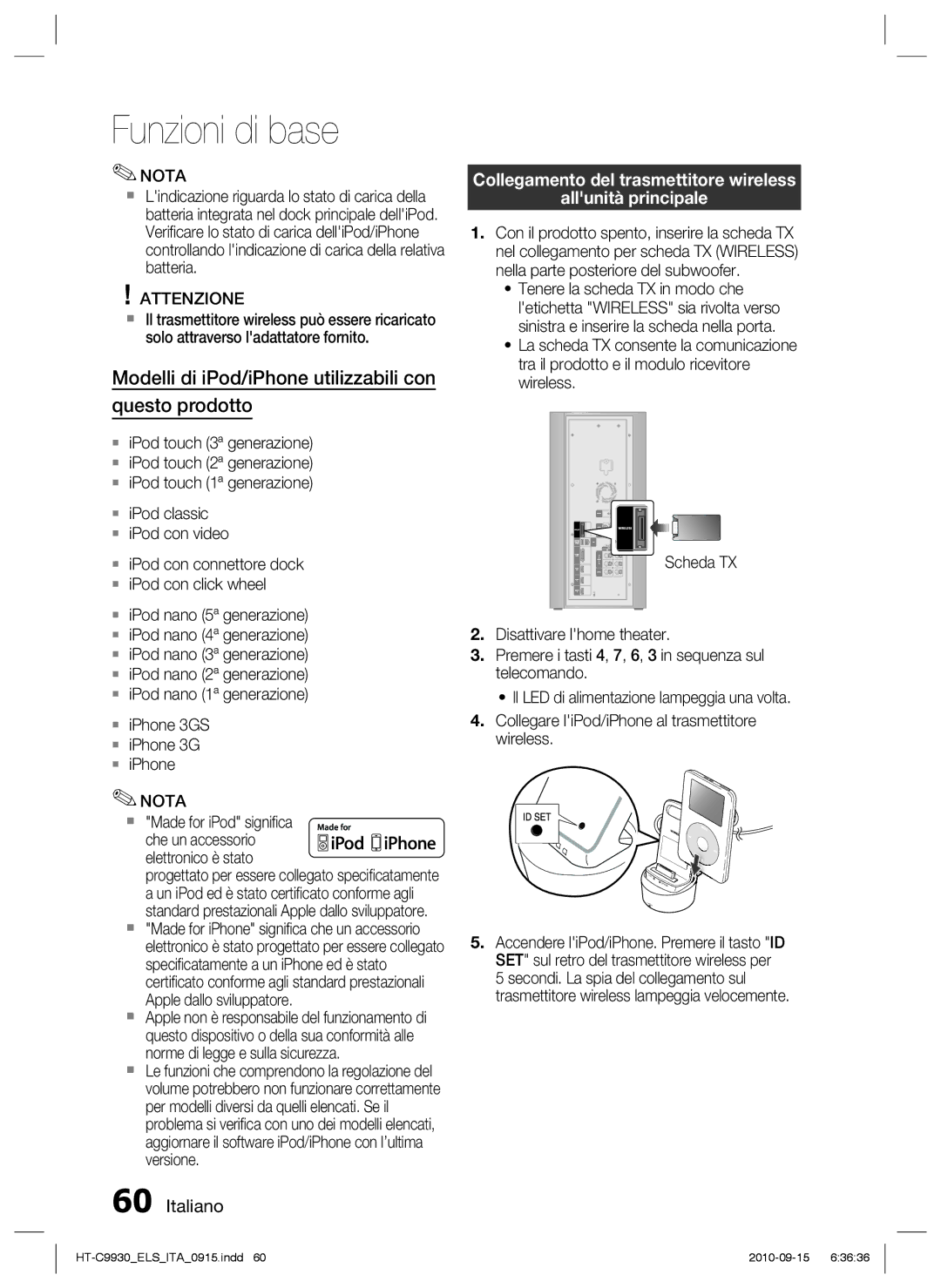 Samsung HT-C9930/XEF manual Collegamento del trasmettitore wireless Allunità principale,  Made for iPod signiﬁca 