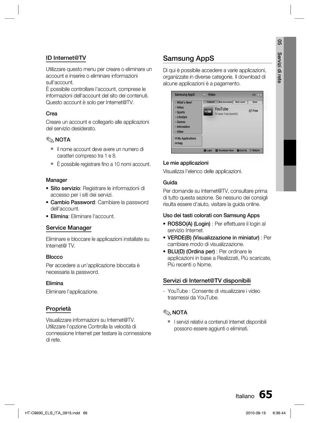 Samsung HT-C9930/XEF manual Samsung AppS, ID Internet@TV, Service Manager, Proprietà, Servizi di Internet@TV disponibili 