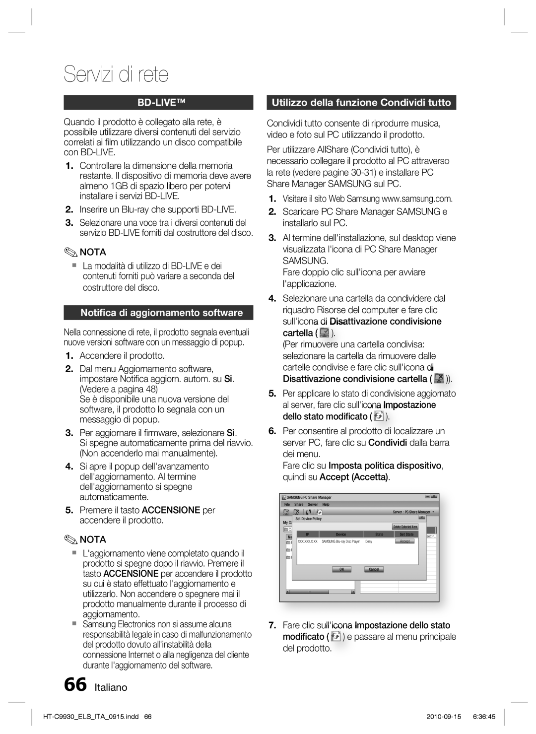 Samsung HT-C9930/XEF manual Utilizzo della funzione Condividi tutto, Notiﬁca di aggiornamento software, Samsung 