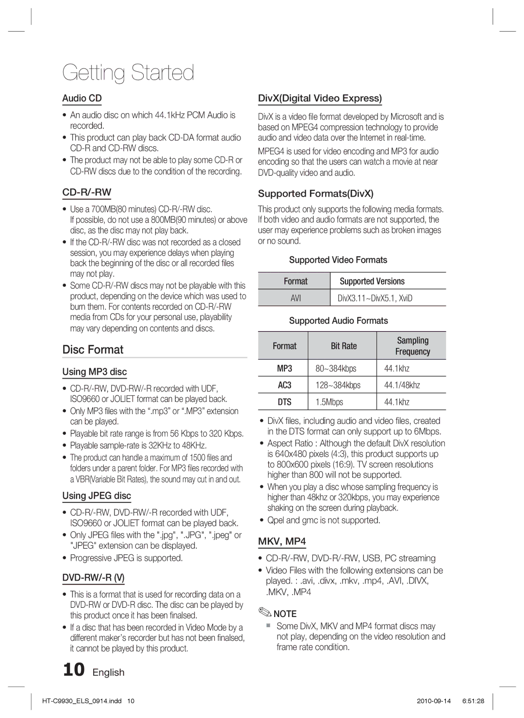 Samsung HT-C9930/XEF, HT-C9930/XEN, HT-C9930/XEE manual Disc Format 