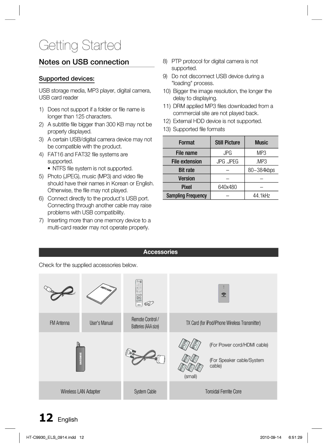 Samsung HT-C9930/XEN manual Supported devices, Accessories, System Cable TX Card for iPod/iPhone Wireless Transmitter 