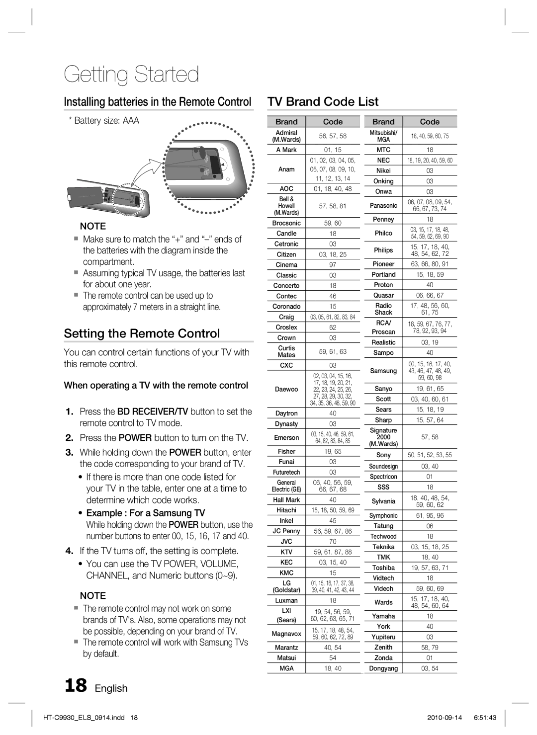 Samsung HT-C9930/XEN manual TV Brand Code List, Setting the Remote Control, If the TV turns off, the setting is complete 