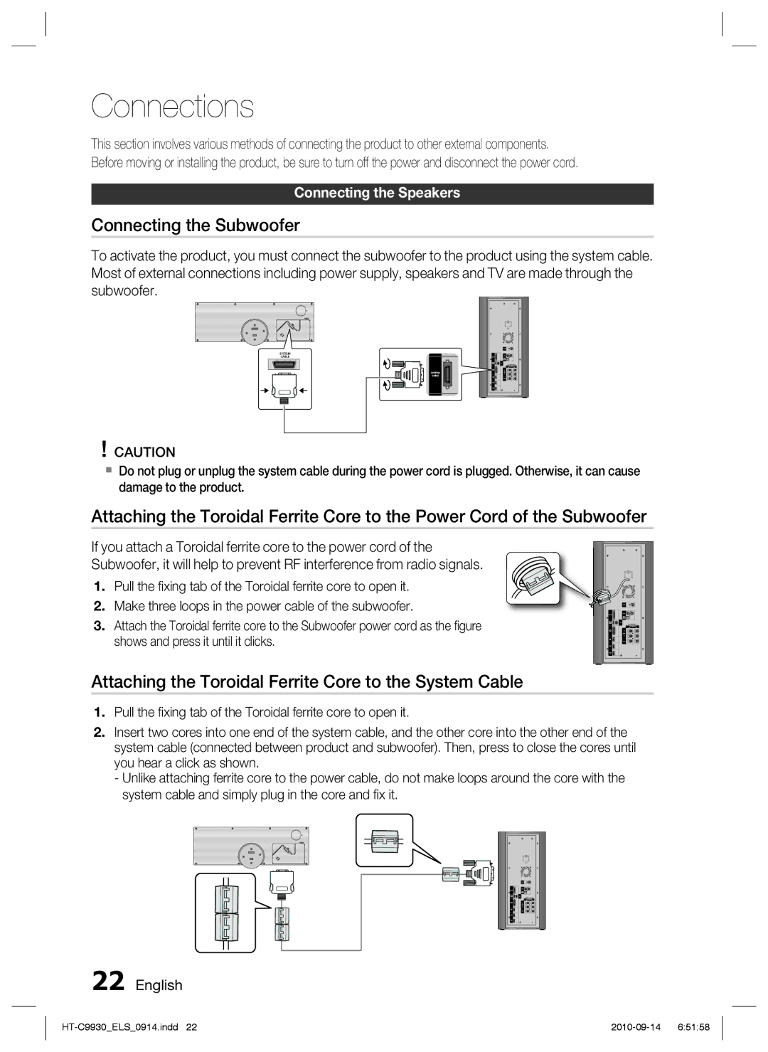 Samsung HT-C9930/XEF manual Connections, Connecting the Subwoofer, Attaching the Toroidal Ferrite Core to the System Cable 