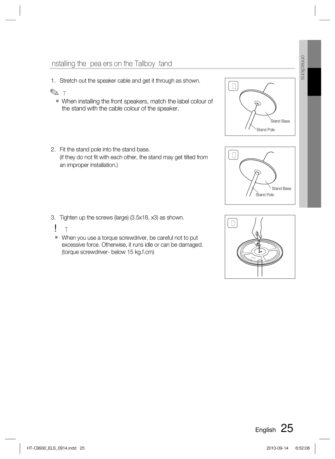 Samsung HT-C9930/XEF, HT-C9930/XEN, HT-C9930/XEE manual Installing the Speakers on the Tallboy Stand 